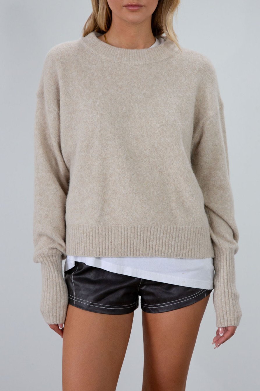 Fuzzy heather knit sweater. Crewneck. Long sleeves. Unlined. beige sweater. fall outfit. fall sweater.