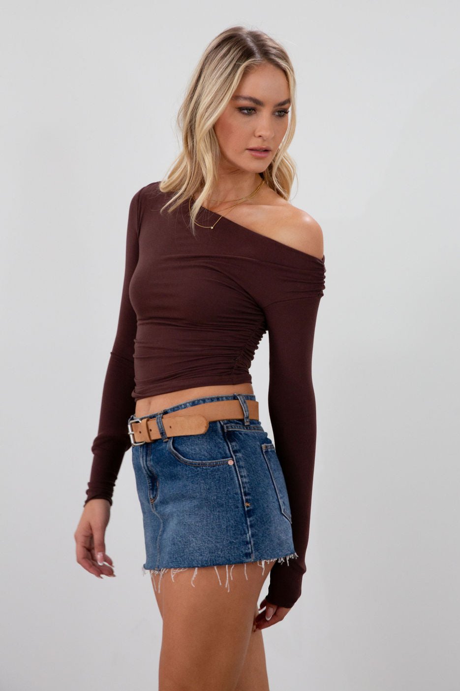 Knit crop top. Long sleeves. Ruched sides. Fully lined. brown long sleeve. basic cute long sleeve