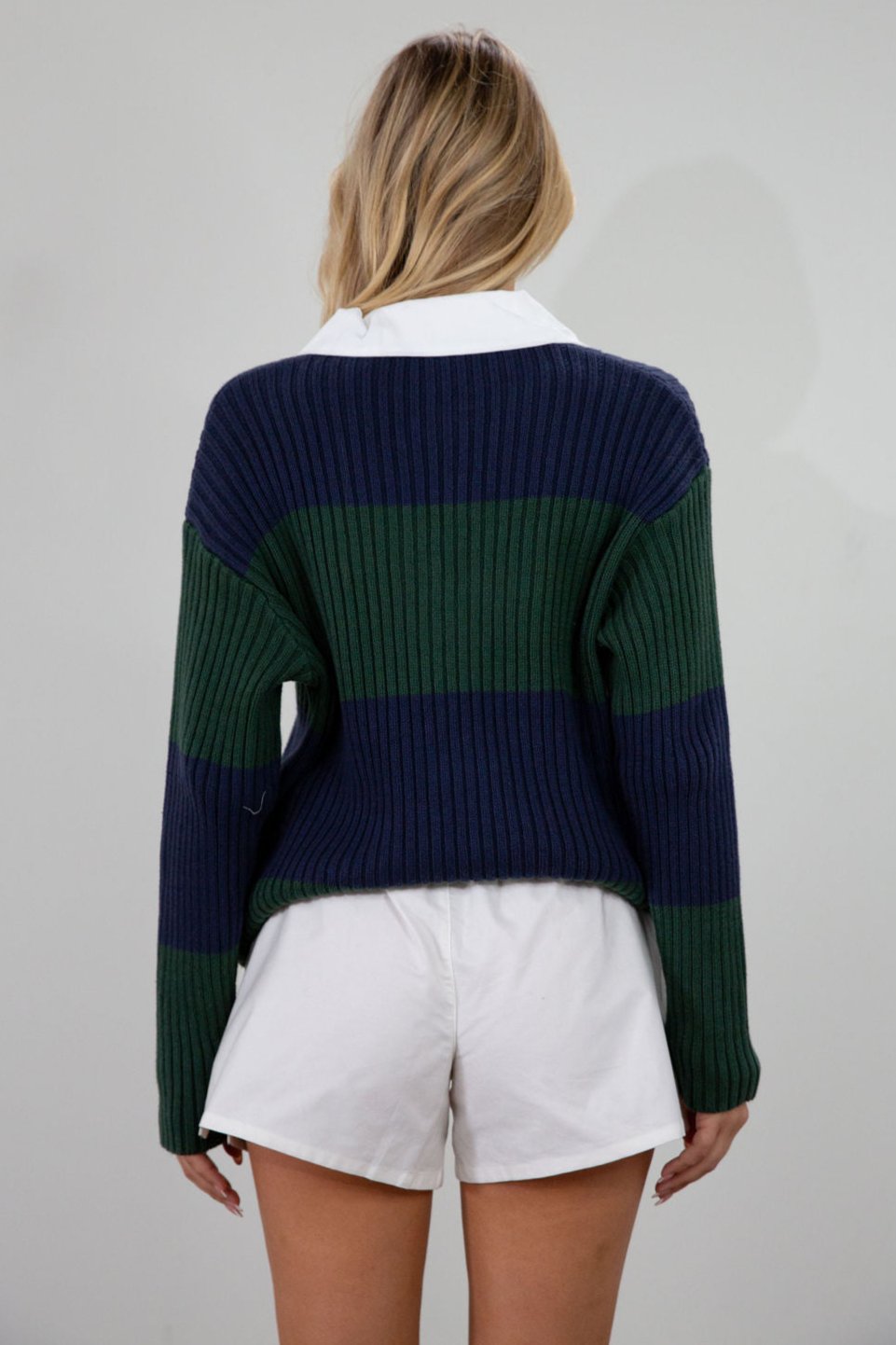 Striped crochet knit sweater. Woven collar neckline. Front button down closures. Unlined. Unlined. sweater polo. fall top. fall outfit