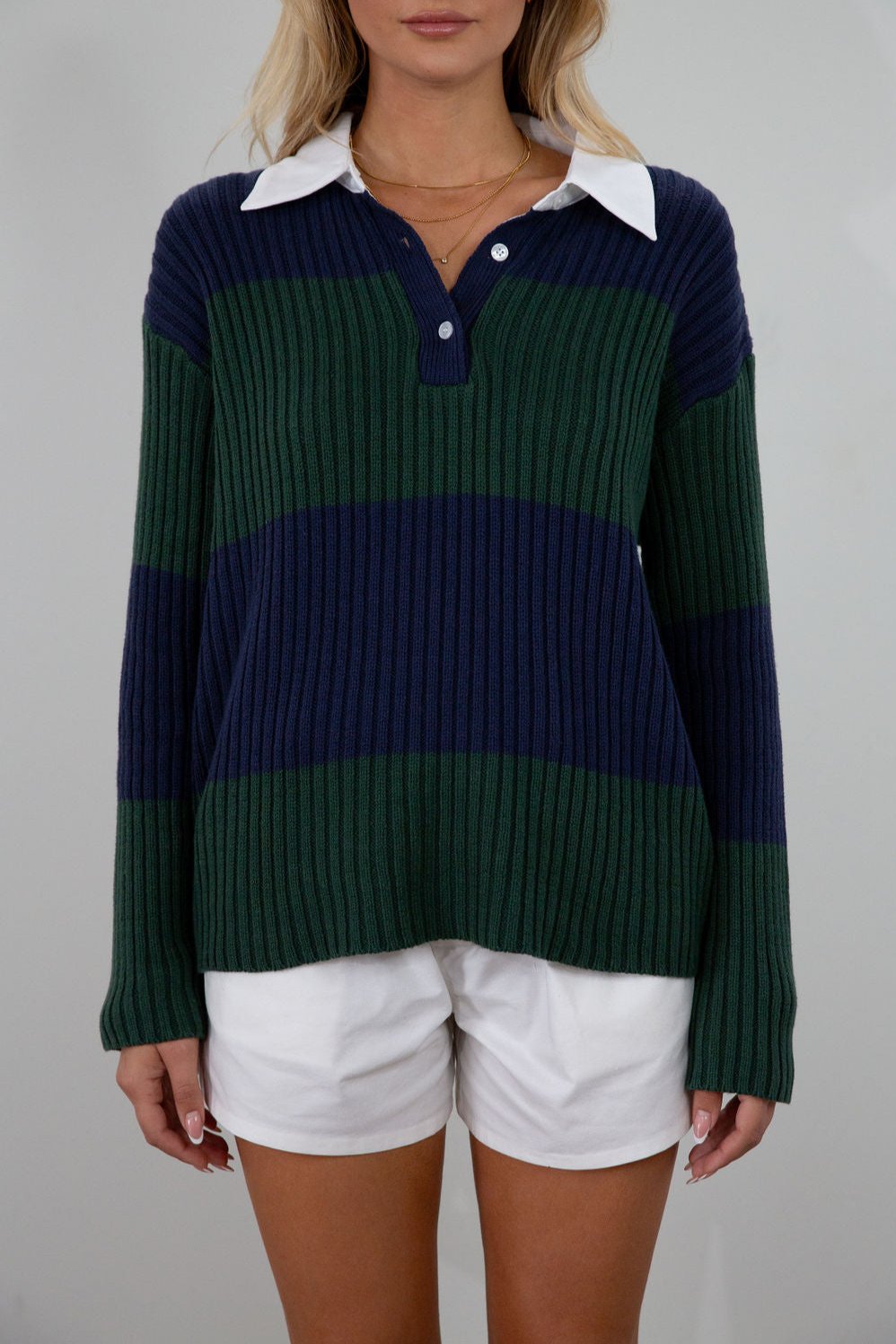 Striped crochet knit sweater. Woven collar neckline. Front button down closures. Unlined. Unlined. sweater polo. fall top. fall outfit