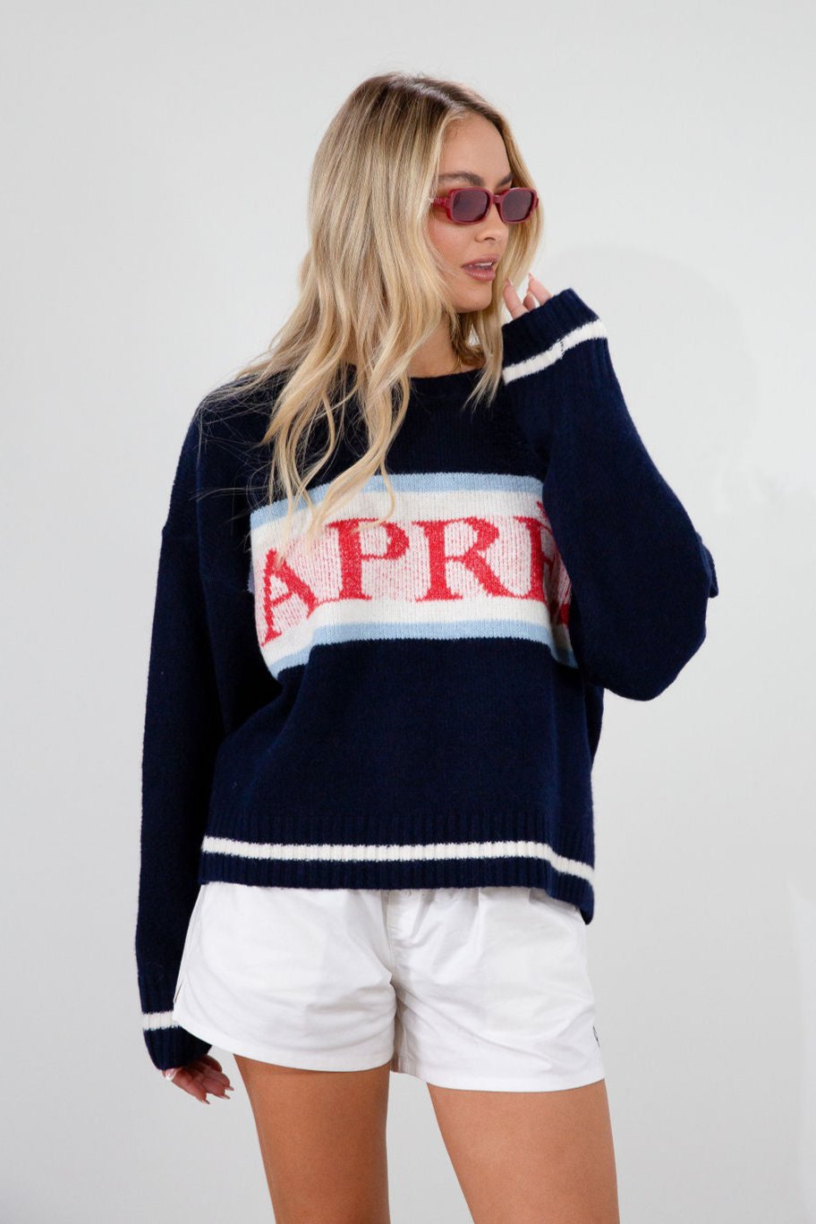 Fuzzy crochet knit sweater. Crewneck. Long sleeves. Unlined. apres sweater. fall sweater. sweater for fall. cute fall sweater. navy blue sweater