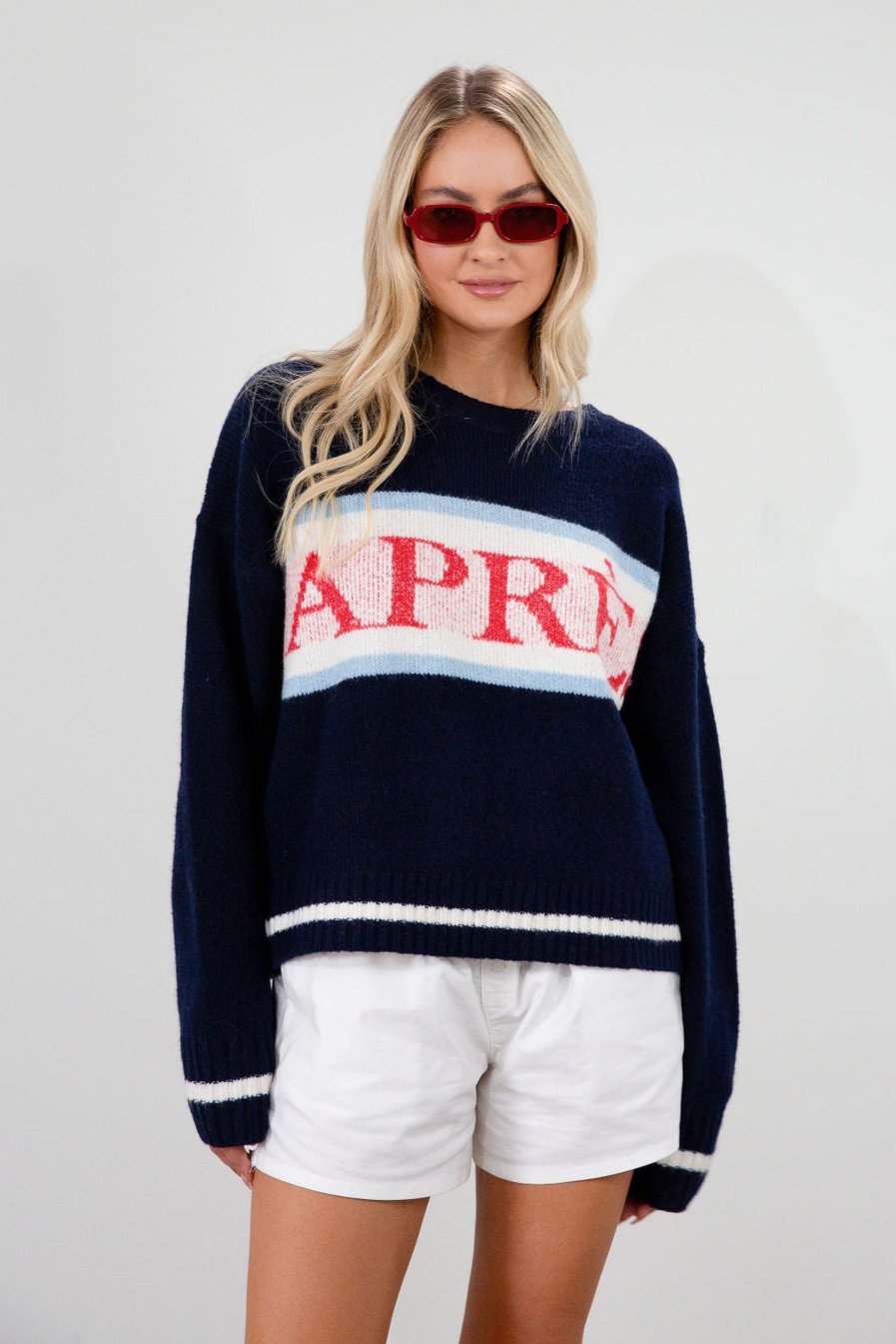 Fuzzy crochet knit sweater. Crewneck. Long sleeves. Unlined. apres sweater. fall sweater. sweater for fall. cute fall sweater. navy blue sweater