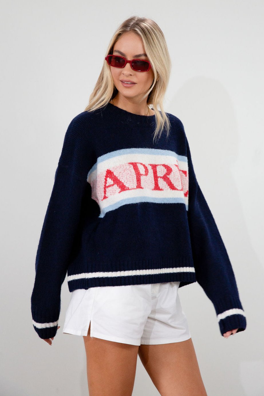 Fuzzy crochet knit sweater. Crewneck. Long sleeves. Unlined. apres sweater. fall sweater. sweater for fall. cute fall sweater. navy blue sweater