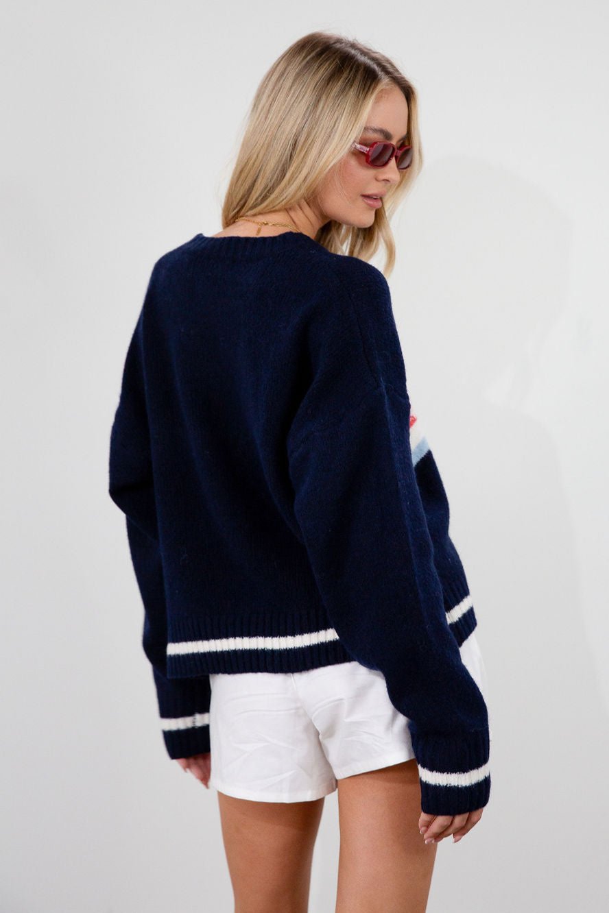 Fuzzy crochet knit sweater. Crewneck. Long sleeves. Unlined. apres sweater. fall sweater. sweater for fall. cute fall sweater. navy blue sweater