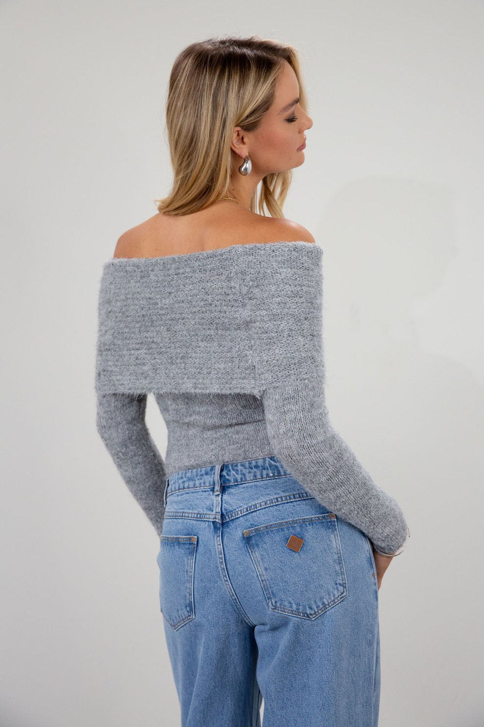 Fuzzy heather knit crop sweater. Folded neckline. Long sleeves. Unlined. grey sweater. grey off the shoulder sweater. fall top. fall sweater. fall outfit.