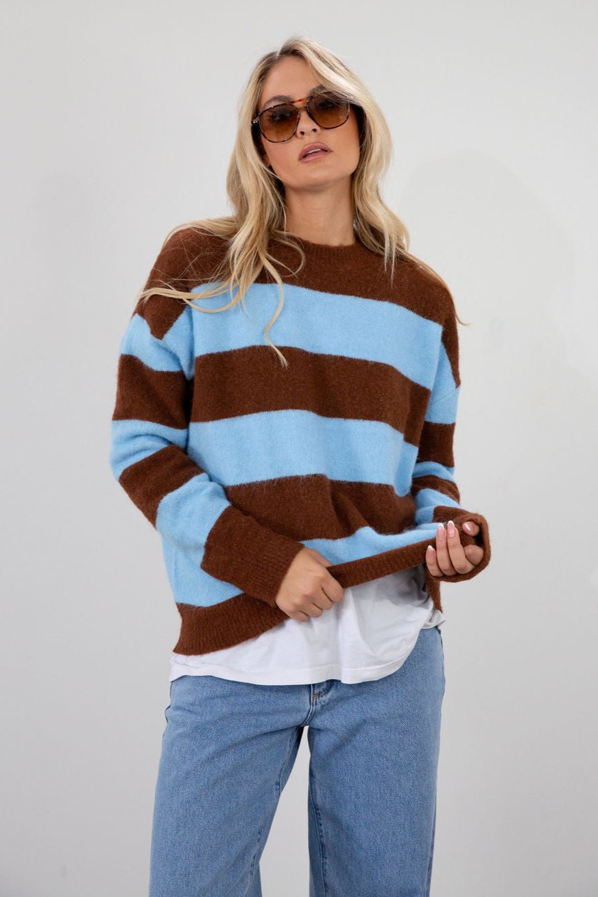 Fuzzy knit striped sweater. Crewneck. Long sleeves. Unlined. blue and brown striped sweater. fall top. fall sweater. fall outfit.