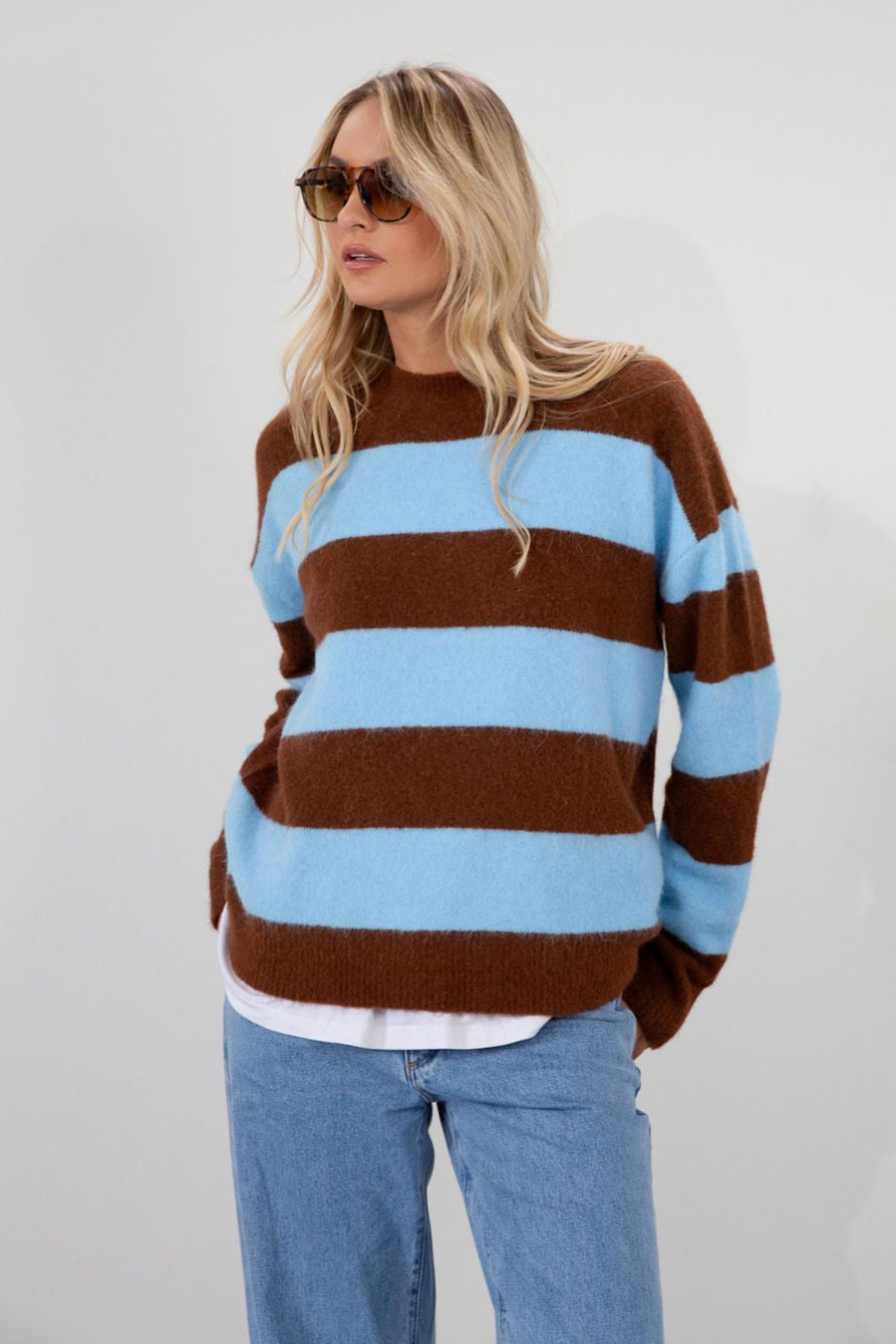 Fuzzy knit striped sweater. Crewneck. Long sleeves. Unlined. blue and brown striped sweater. fall top. fall sweater. fall outfit.