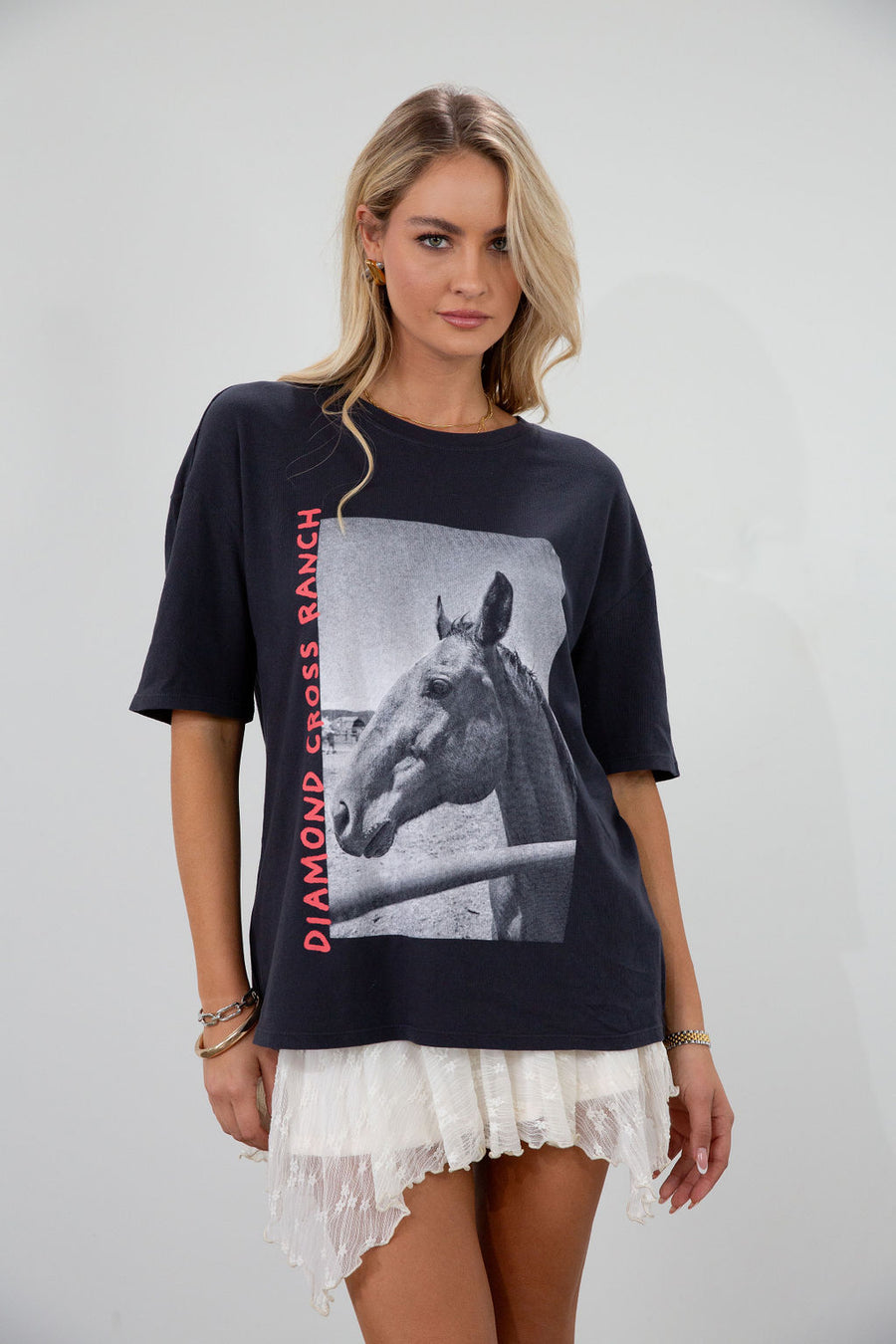Graphic printed knit tee. Crewneck. Short sleeves. Unlined.