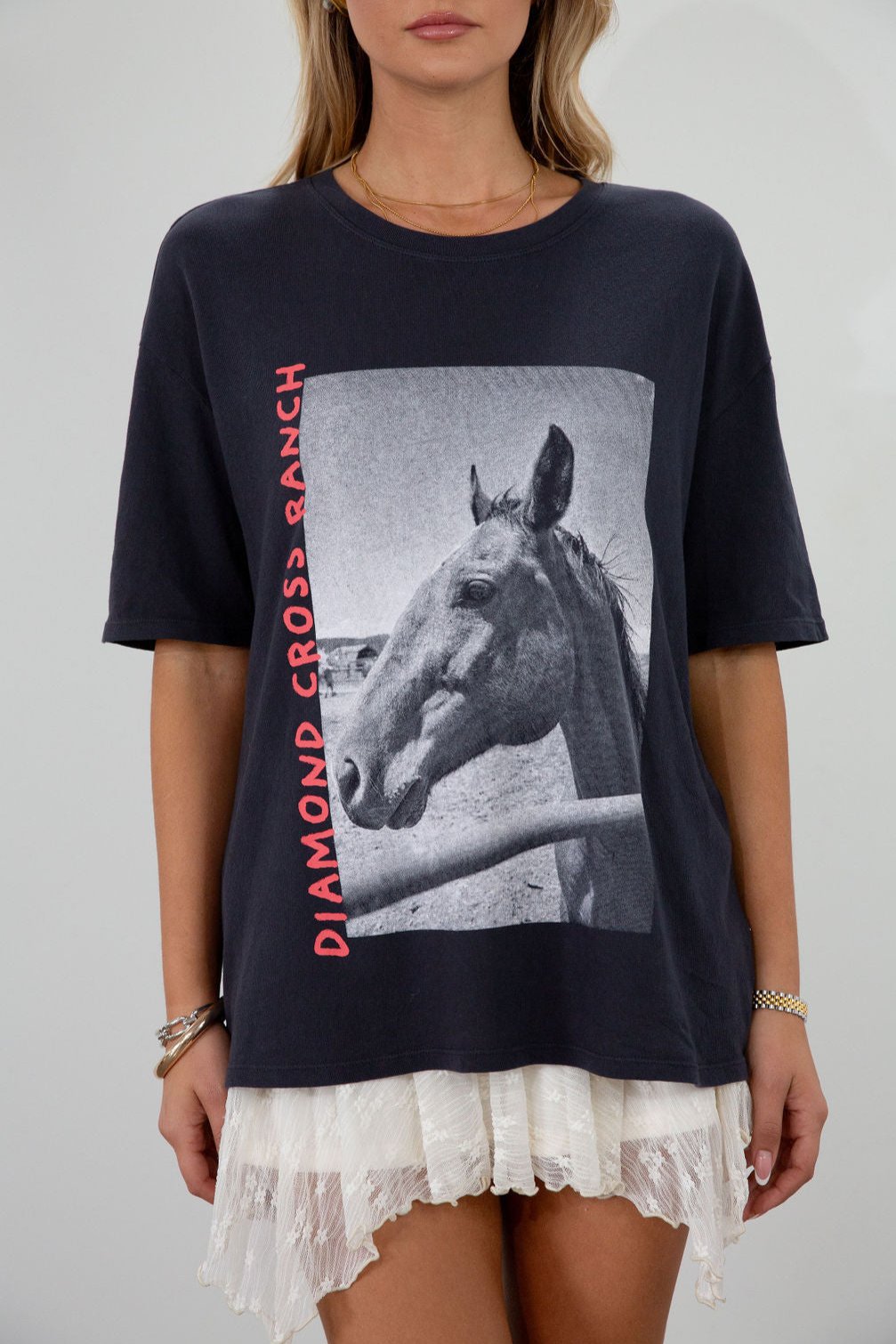 Graphic printed knit tee. Crewneck. Short sleeves. Unlined.