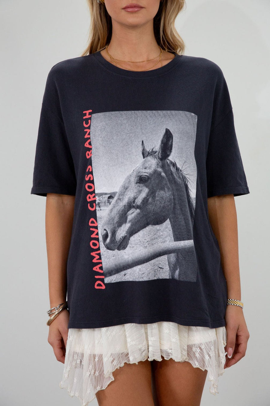 Graphic printed knit tee. Crewneck. Short sleeves. Unlined.