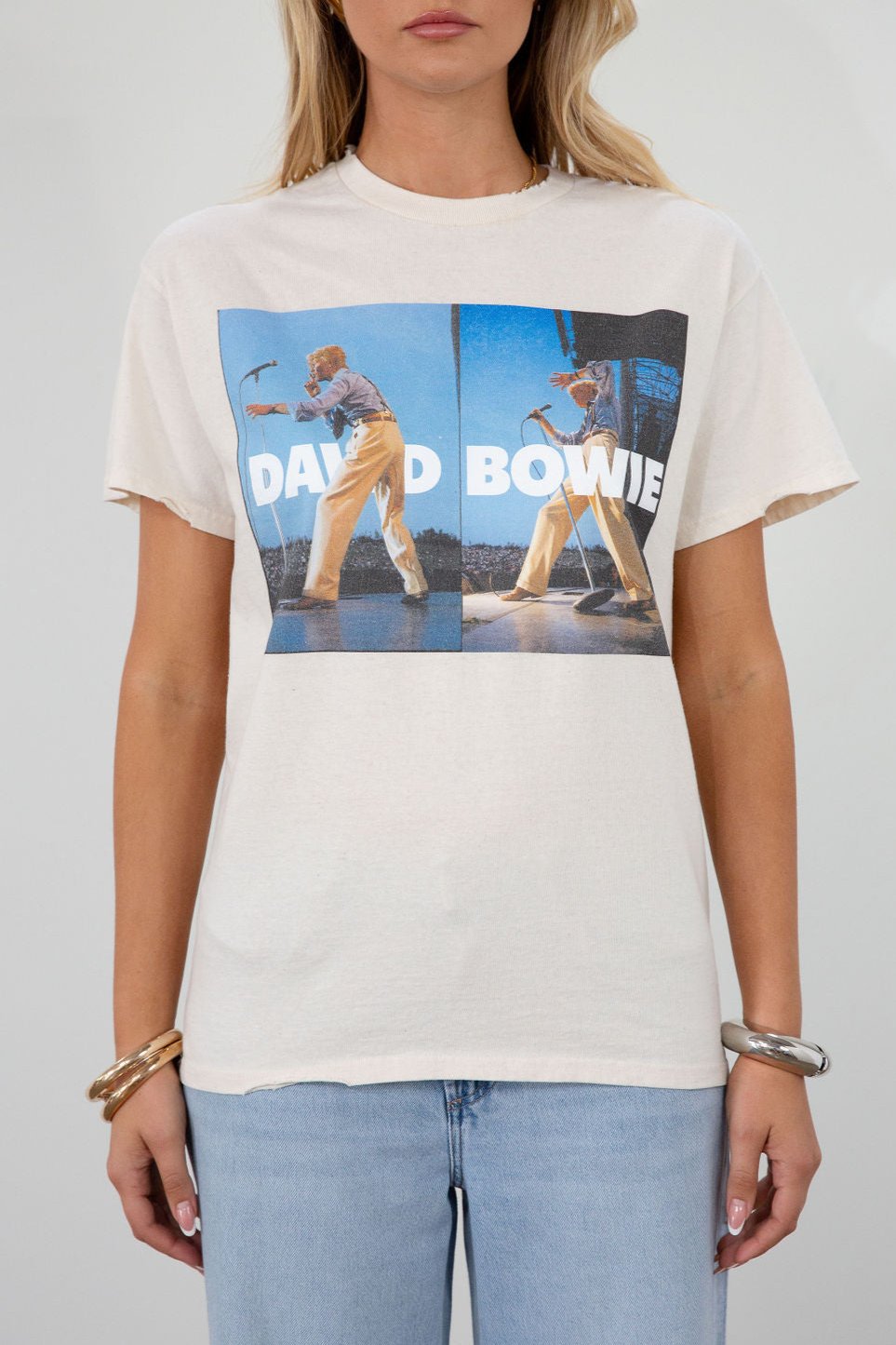 Graphic printed knit tee. Crewneck. Short sleeves. Unlined. david bowie graphic tee.