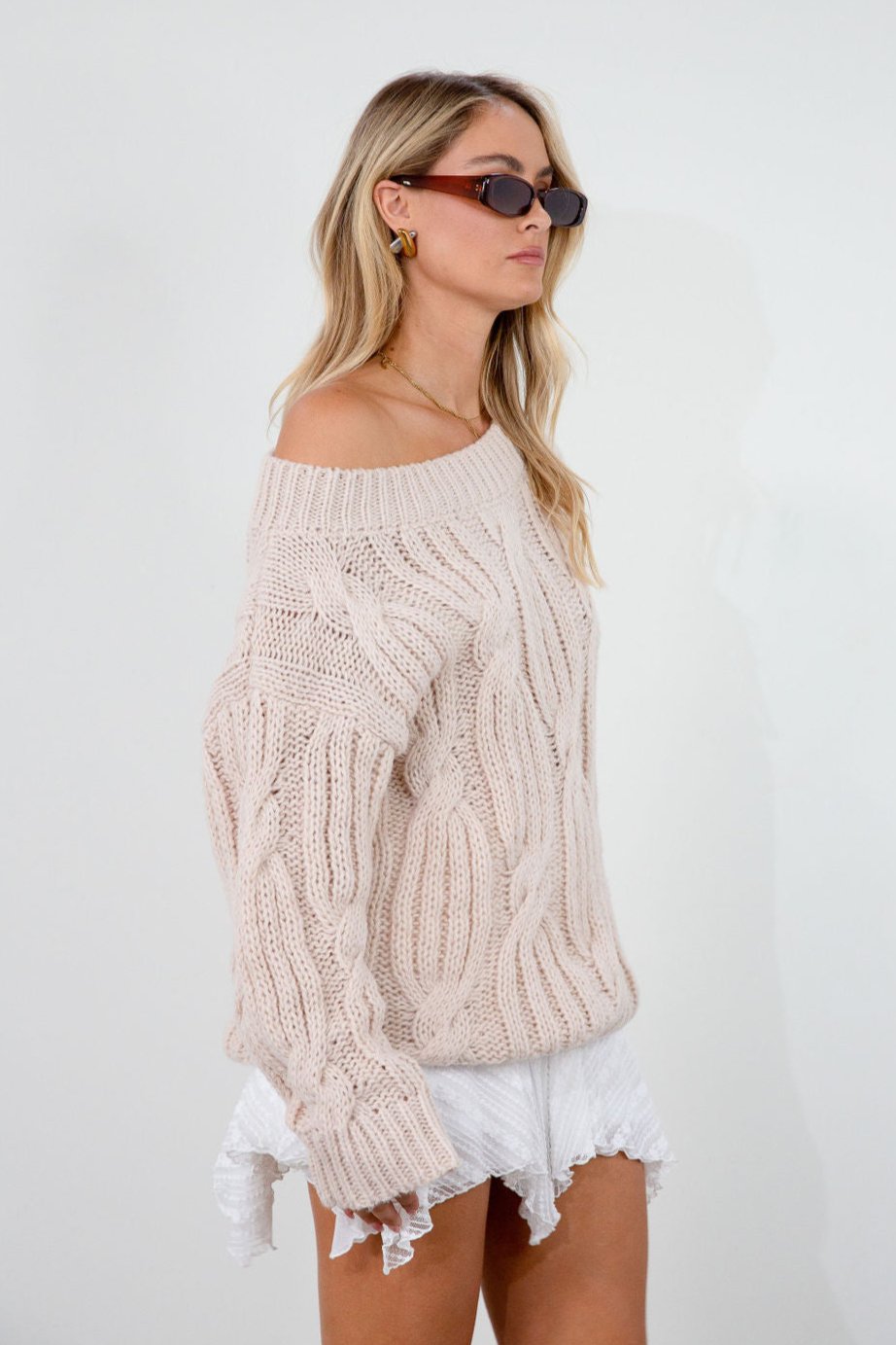 Crochet cable knit sweater. Crewneck. Long sleeves. Unlined. ivory sweater. oversized sweater. taupe sweater. fall sweater