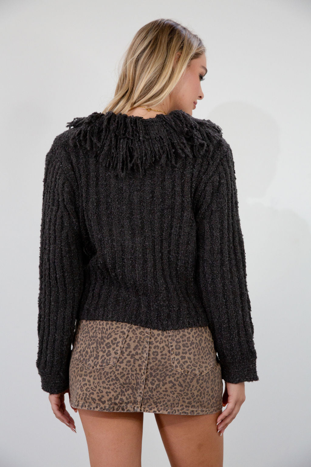 Fuzzy crochet knit crop sweater. Fringe trim v-neckline. Front button closure. Unlined. fall sweater. cute fall sweater. grey sweater