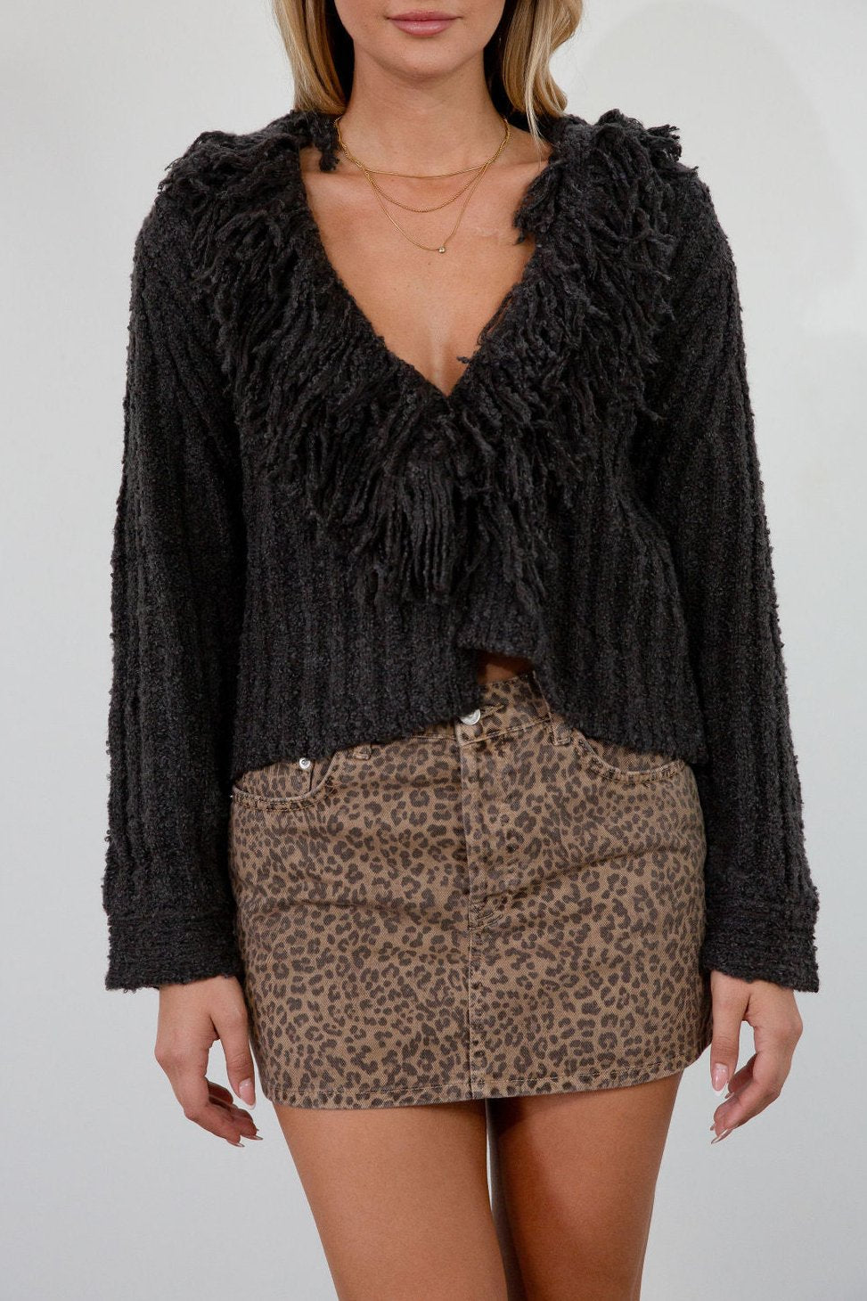 Fuzzy crochet knit crop sweater. Fringe trim v-neckline. Front button closure. Unlined. fall sweater. cute fall sweater. grey sweater