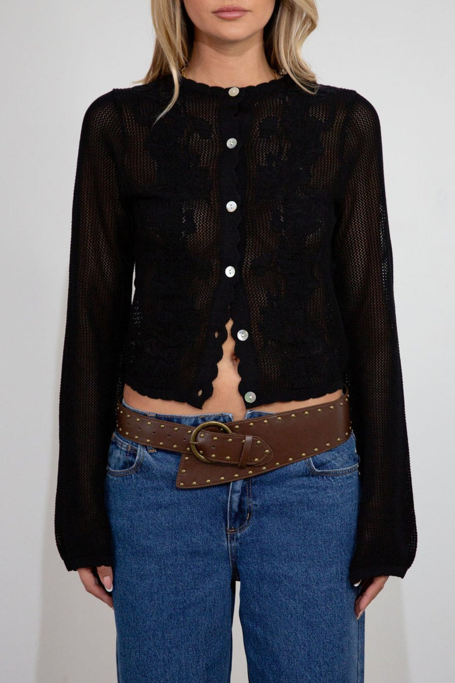 black Crochet knit cardigan. Long sleeves. Front button down closures. Unlined. fall top. fall outfit. 