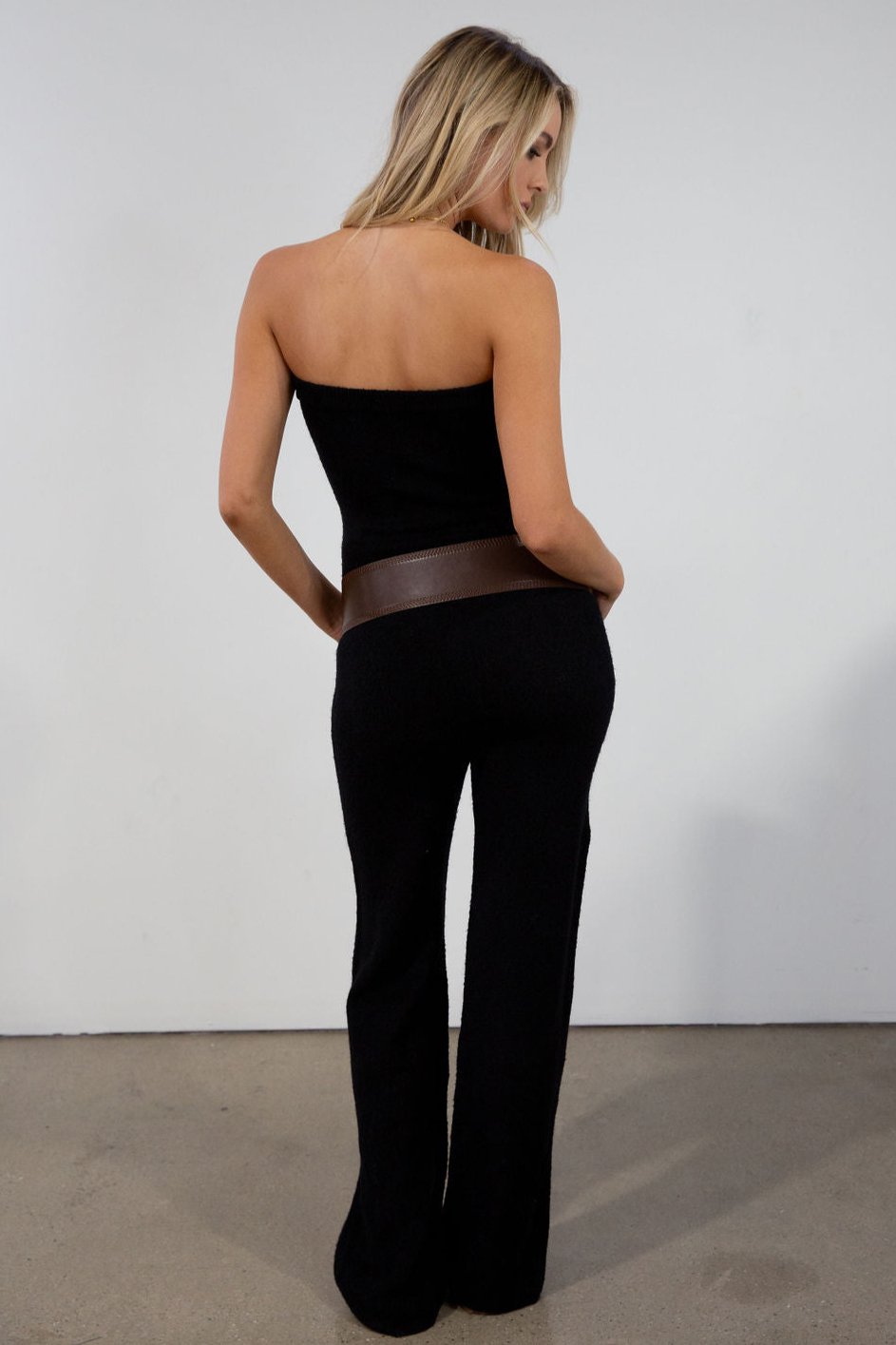 Fuzzy knit jumpsuit. Strapless elastic neckline. Unlined. black jumpsuit. fall outfit. fall jumpsuit.