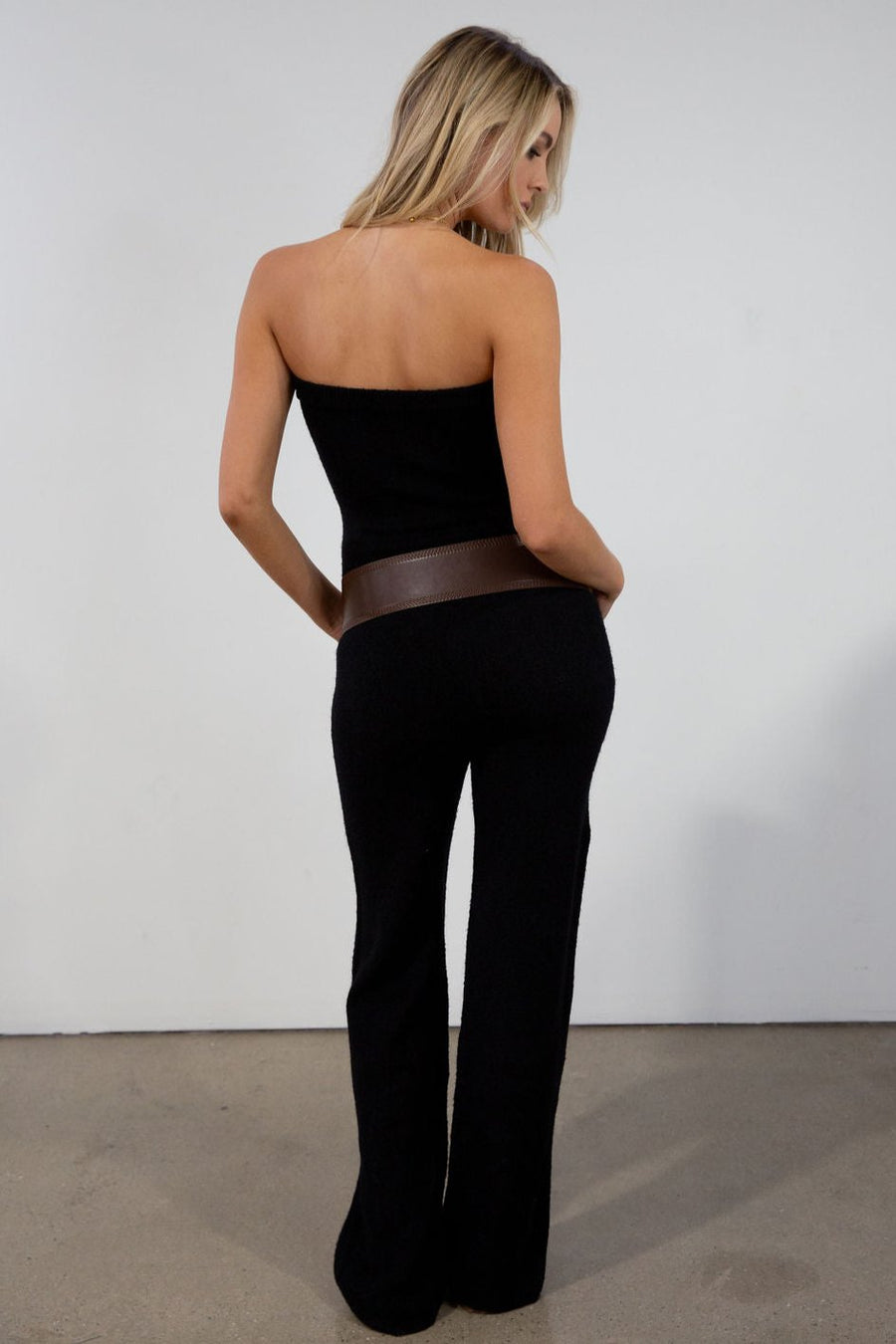 Fuzzy knit jumpsuit. Strapless elastic neckline. Unlined. black jumpsuit. fall outfit. fall jumpsuit.