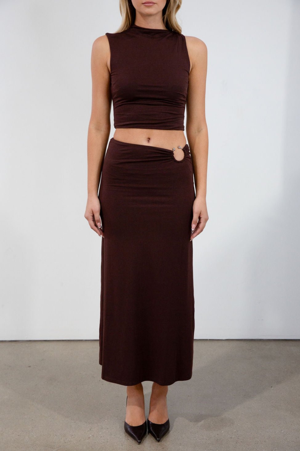 fall set. mock neck top. midi skirt. brown skirt set. fall vacation. 