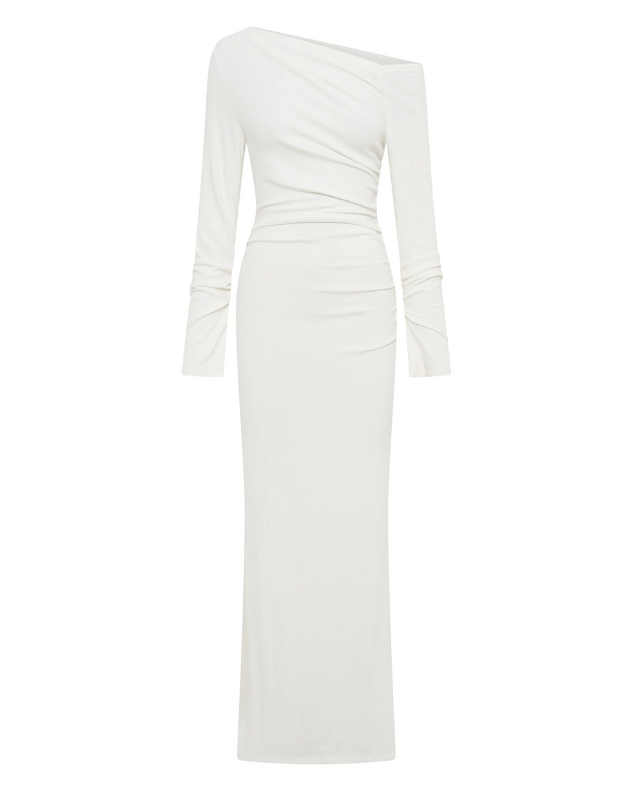 Ribbed knit maxi dress. Long sleeves. Ruched sides. Unlined. White dress. Asymmetrical shoulder. Off the shoulder dress. Engagement party dress. Bridal party dress