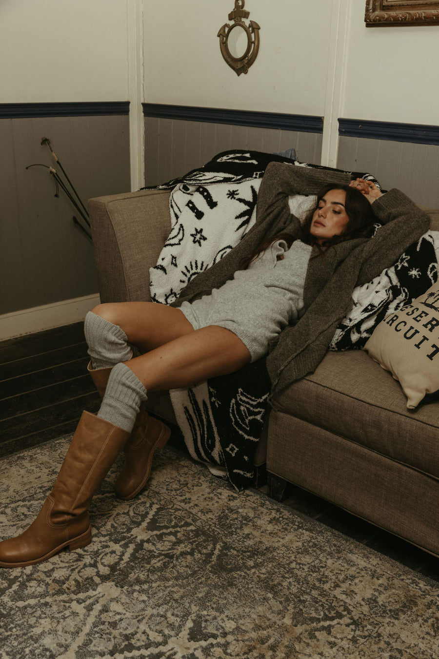 Fuzzy heather knit bodysuit. Long sleeves. Front button down closures. Snap bottom closures. Thong back. Fuzzy heather knit shorts. Unlined. grey knit set