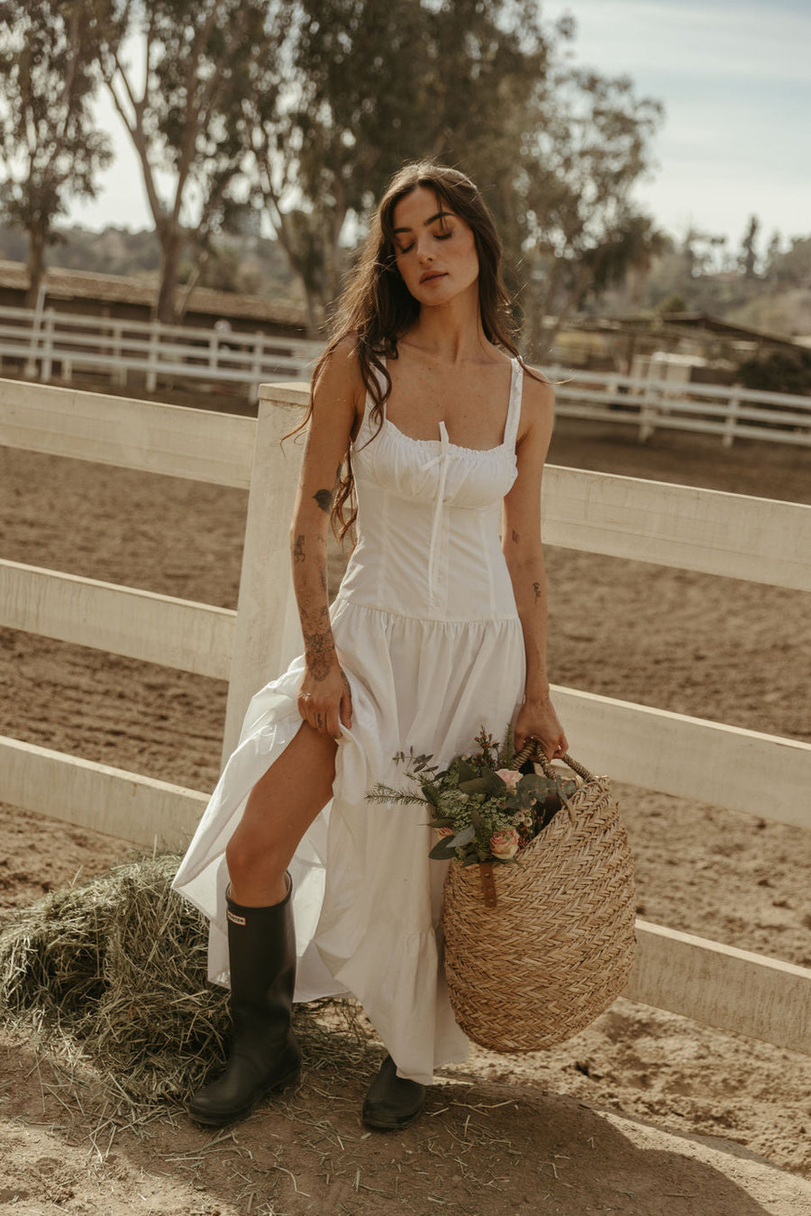 Woven maxi dress. Elastic straps. Faux front tie and button down closures. Tiered skirt. Elastic smocked back panel. Fully lined. white maxi dress