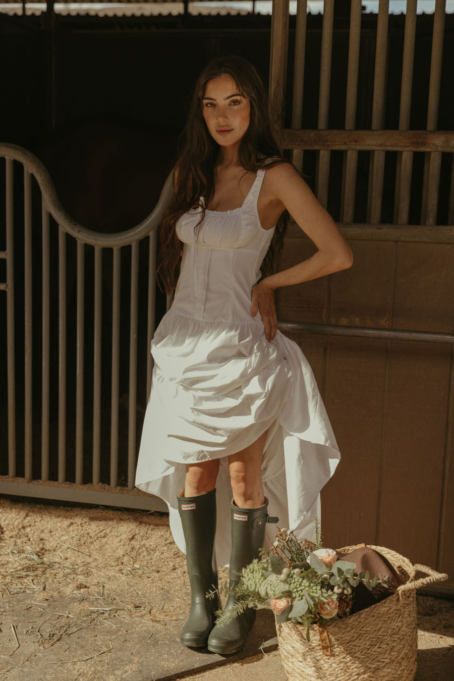 Woven maxi dress. Elastic straps. Faux front tie and button down closures. Tiered skirt. Elastic smocked back panel. Fully lined. white maxi dress