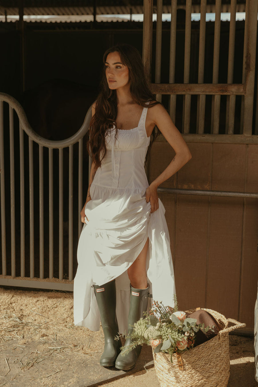 Woven maxi dress. Elastic straps. Faux front tie and button down closures. Tiered skirt. Elastic smocked back panel. Fully lined. white maxi dress