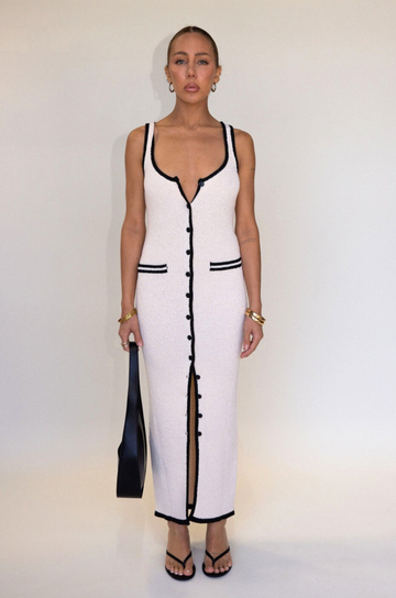cream Crochet knit maxi dress. Sleeveless. V-neckline. Front button down closures. Faux front pockets. Unlined. cream knit maxi dress. knit button down maxi dress