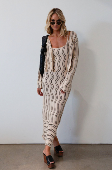 Striped crochet knit cropped cardigan. Long sleeves. Front button down closures. Unlined. Striped crochet knit cropped dress. knit set. fall set. fall outfit. 
